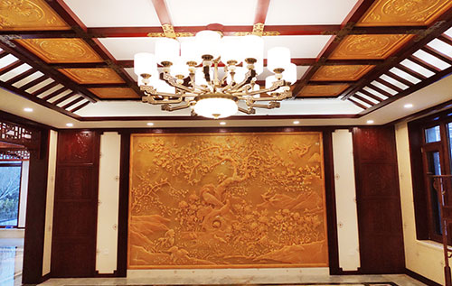 浩口原种场中式别墅客厅中式木作横梁吊顶装饰展示
